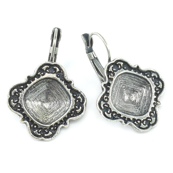 12x12mm Square Lever back Earring base with decorative frame