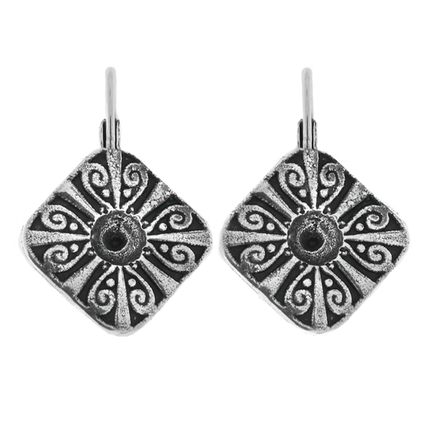 Metal casting Rhombus Chinese ornament element for one 24ss crystals Lever back earring bases