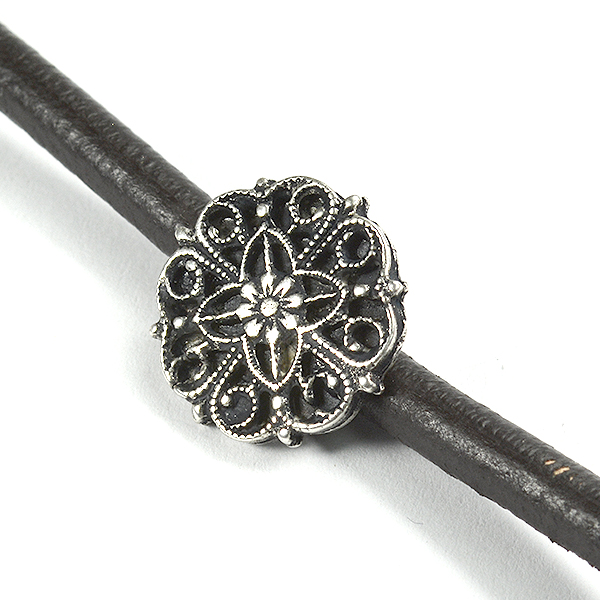 Decorated filigree crimp element for 3mm chain or leather