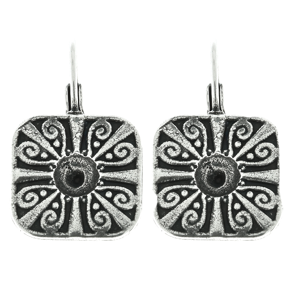 Metal casting Square Chinese ornament element for one 24ss crystals Lever back earring bases