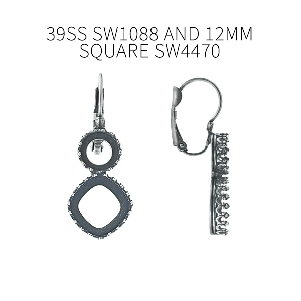 39ss, 12x12mm Square Crown Open back Lever back Earring bases