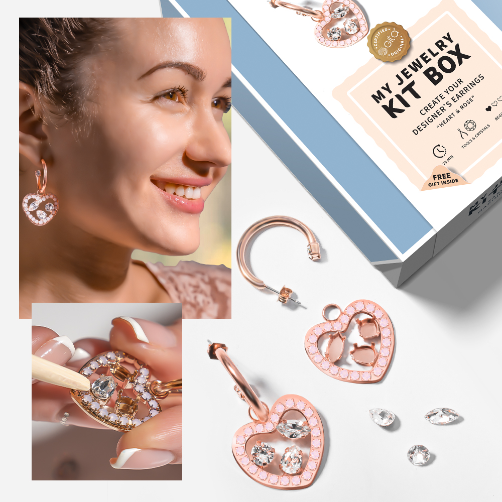 Jewelry DIY KIT: Create sweet rose gold Sparkling heart-shape earrings with Crystals
