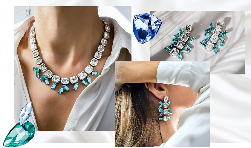 Inspiration with Baguette/Octagon cup chain Set of Jewelry in Icy-cold color sparkles of Swarovski Crystals