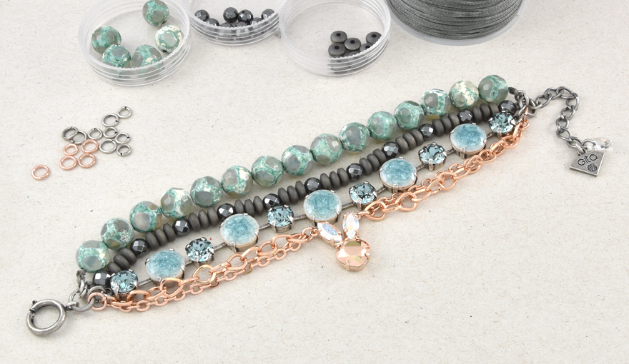 Beads, ceramic cabochons and a cute bunny layered bracelet