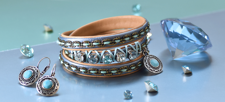 Decorated braid leather cord bracelet with SW crystals