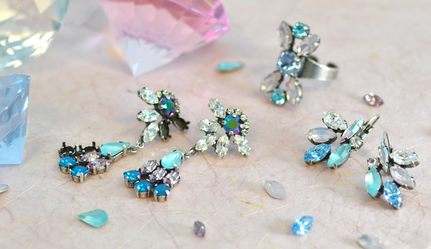 Jewelry bases with colorful leaf shape crystals 